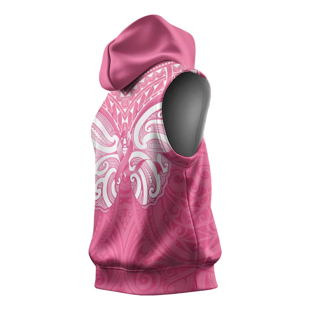 New Zealand Breast Cancer Awareness Sleeveless Hoodie Maori Butterfly Pink Ribbon - Polynesian Pride