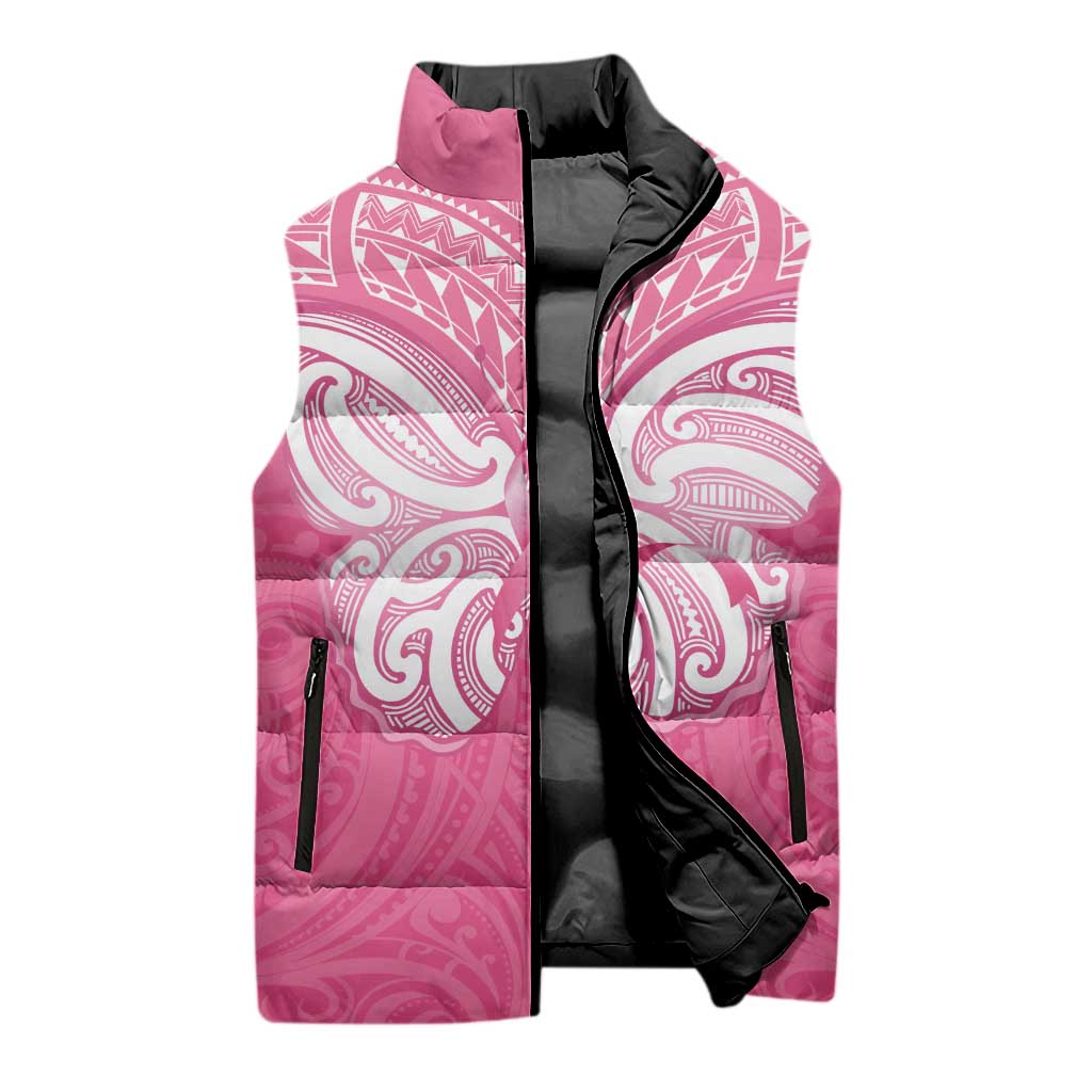 New Zealand Breast Cancer Awareness Sleeveless Puffer Jacket Maori Butterfly Pink Ribbon - Polynesian Pride