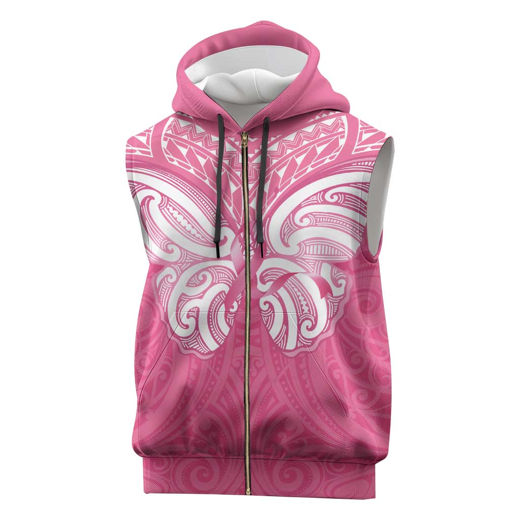 New Zealand Breast Cancer Awareness Sleeveless Zip Hoodie Maori Butterfly Pink Ribbon - Polynesian Pride
