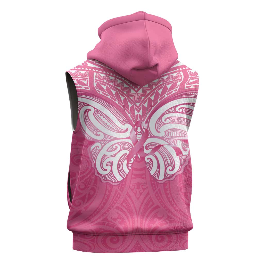 New Zealand Breast Cancer Awareness Sleeveless Zip Hoodie Maori Butterfly Pink Ribbon - Polynesian Pride