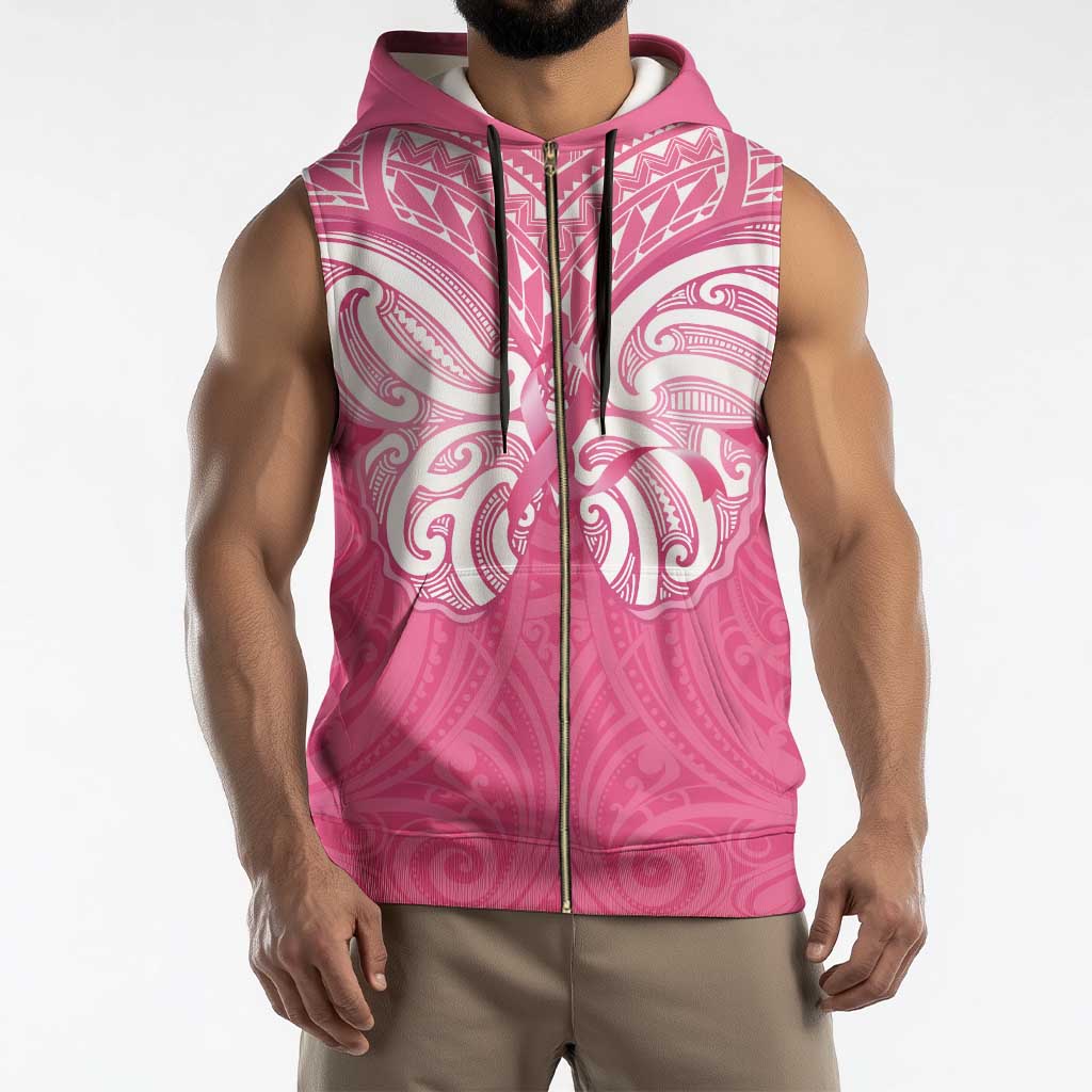 New Zealand Breast Cancer Awareness Sleeveless Zip Hoodie Maori Butterfly Pink Ribbon - Polynesian Pride