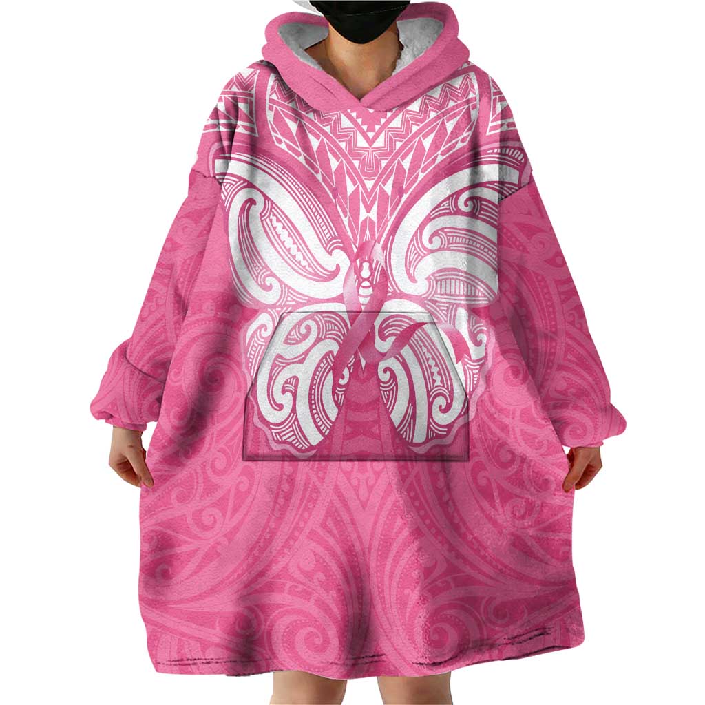 New Zealand Breast Cancer Awareness Wearable Blanket Hoodie Maori Butterfly Pink Ribbon - Polynesian Pride