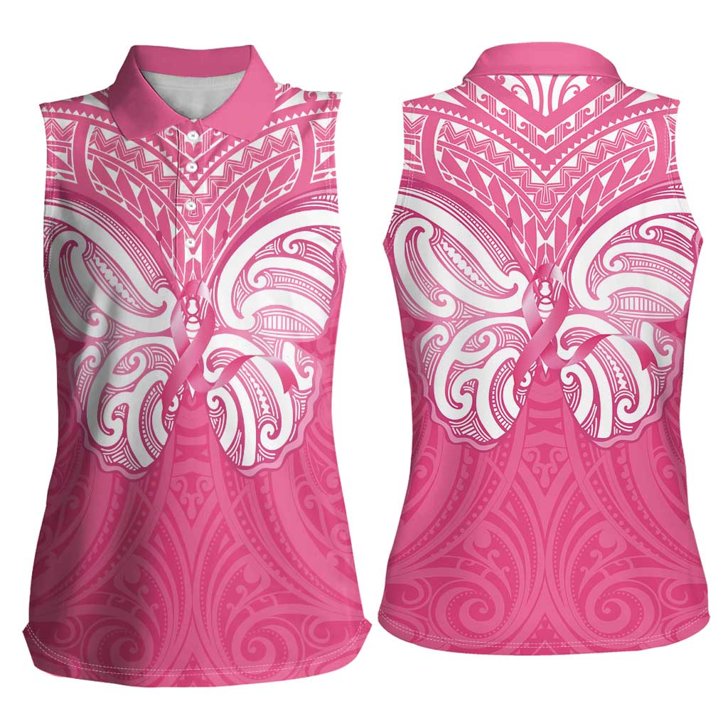 New Zealand Breast Cancer Awareness Women Sleeveless Polo Shirt Maori Butterfly Pink Ribbon - Polynesian Pride