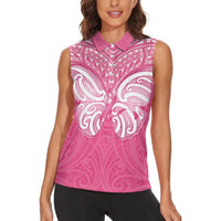 New Zealand Breast Cancer Awareness Women Sleeveless Polo Shirt Maori Butterfly Pink Ribbon - Polynesian Pride