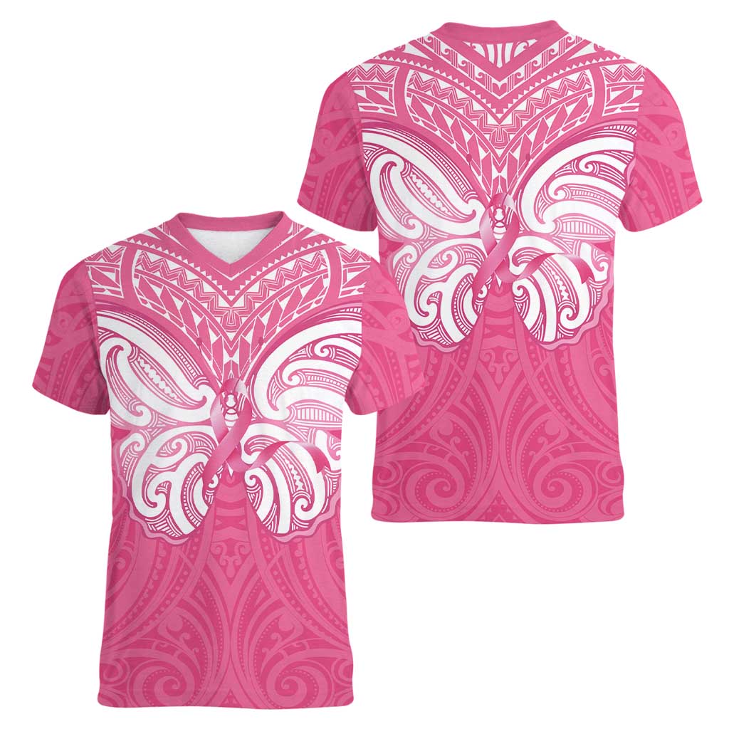 New Zealand Breast Cancer Awareness Women V-Neck T-Shirt Maori Butterfly Pink Ribbon - Polynesian Pride