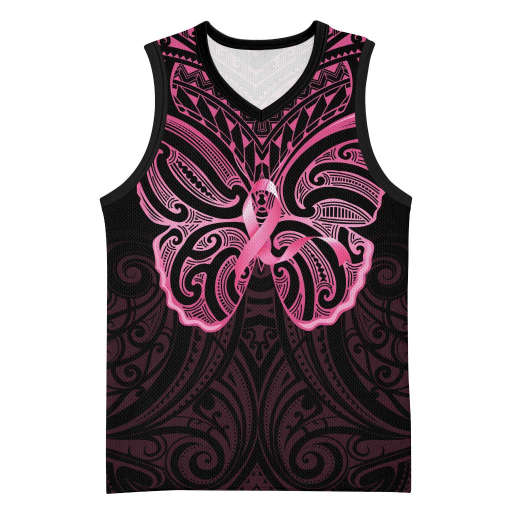 New Zealand Breast Cancer Awareness Basketball Jersey Maori Butterfly Pink Ribbon Black Version - Polynesian Pride