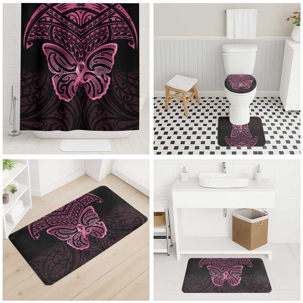 New Zealand Breast Cancer Awareness Bathroom Set Maori Butterfly Pink Ribbon Black Version - Polynesian Pride