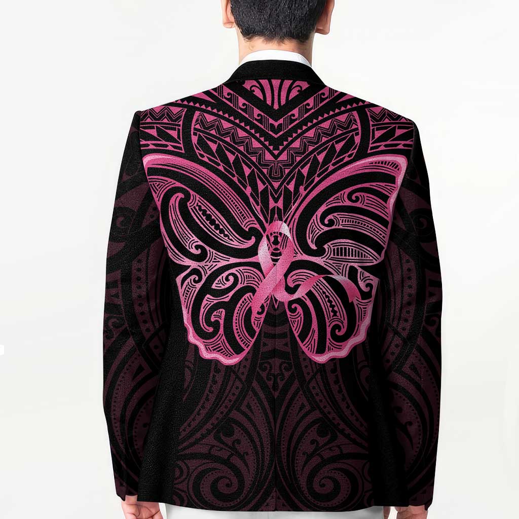 New Zealand Breast Cancer Awareness Blazer Maori Butterfly Pink Ribbon Black Version - Polynesian Pride