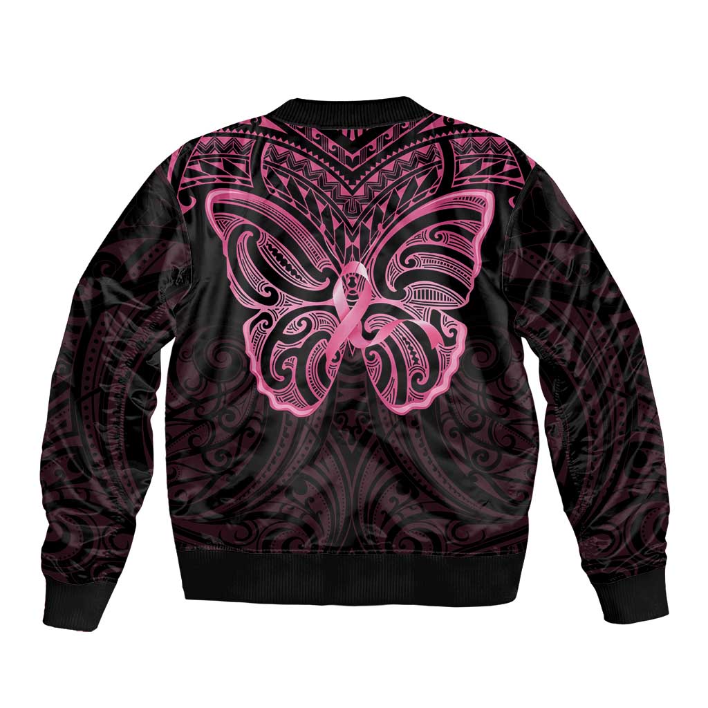 New Zealand Breast Cancer Awareness Bomber Jacket Maori Butterfly Pink Ribbon Black Version - Polynesian Pride