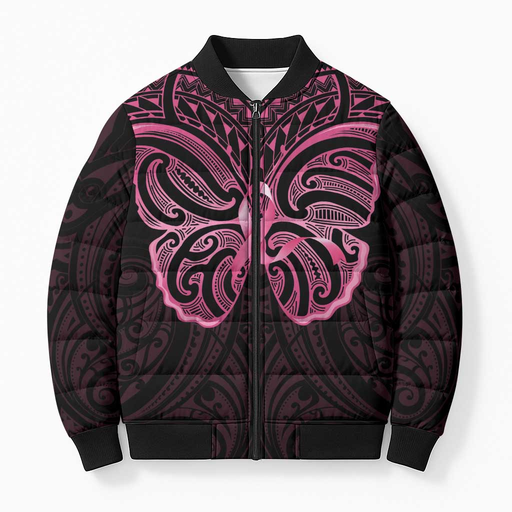 New Zealand Breast Cancer Awareness Bomber Puffer Jacket Maori Butterfly Pink Ribbon Black Version - Polynesian Pride