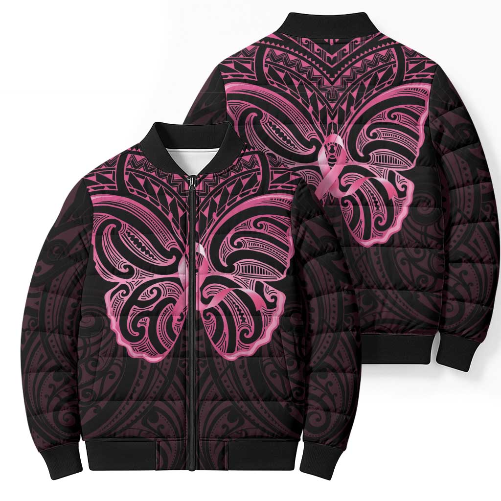 New Zealand Breast Cancer Awareness Bomber Puffer Jacket Maori Butterfly Pink Ribbon Black Version - Polynesian Pride