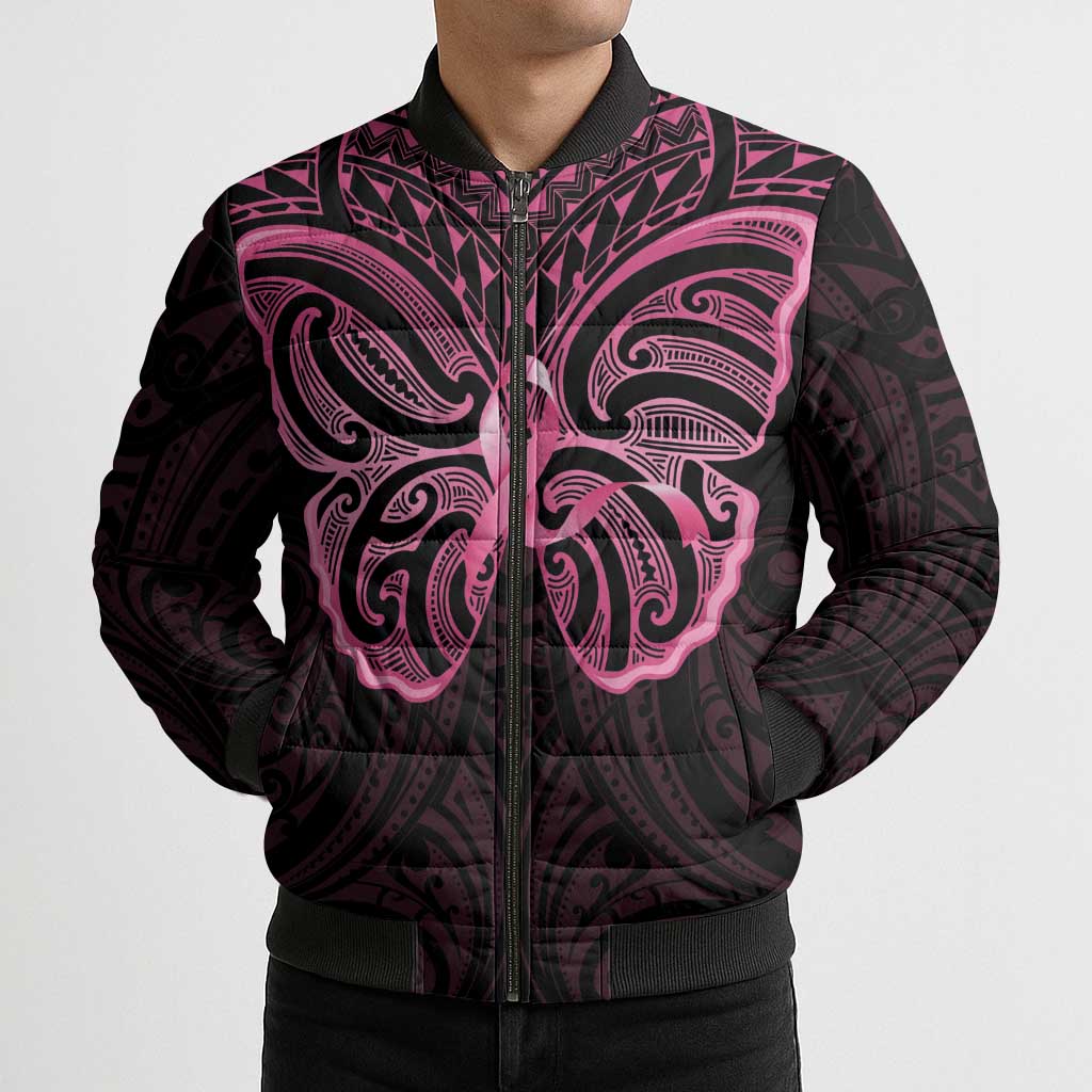 New Zealand Breast Cancer Awareness Bomber Puffer Jacket Maori Butterfly Pink Ribbon Black Version - Polynesian Pride