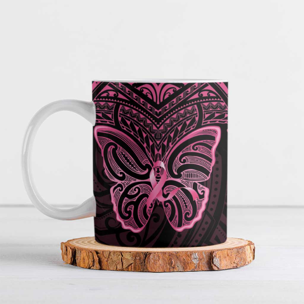 New Zealand Breast Cancer Awareness Ceramic Mug Maori Butterfly Pink Ribbon Black Version - Polynesian Pride