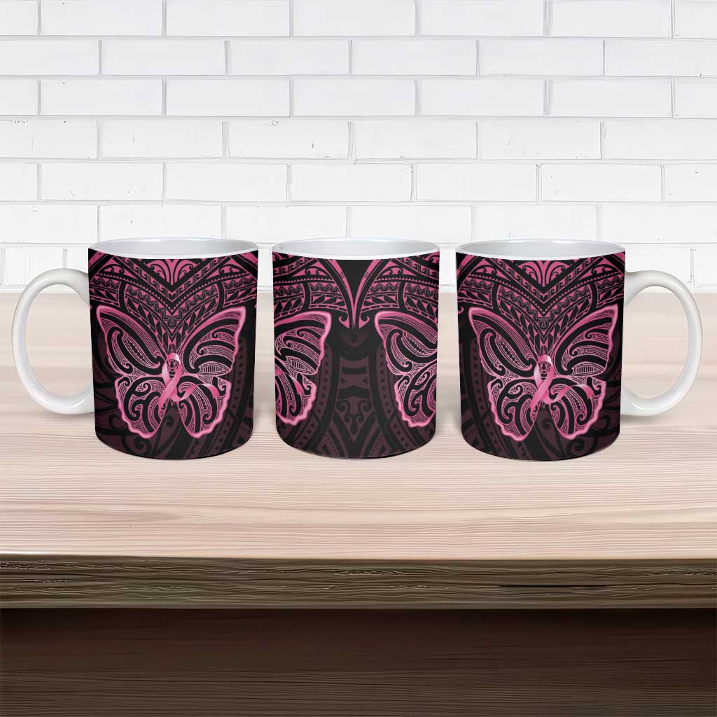 New Zealand Breast Cancer Awareness Ceramic Mug Maori Butterfly Pink Ribbon Black Version - Polynesian Pride