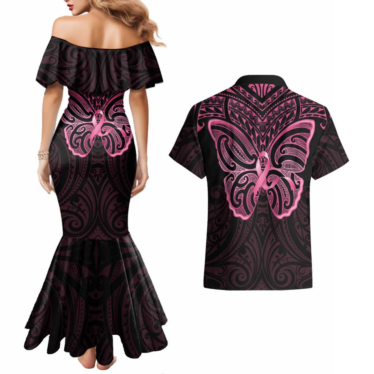 New Zealand Breast Cancer Awareness Couples Matching Mermaid Dress and Hawaiian Shirt Maori Butterfly Pink Ribbon Black Version - Polynesian Pride