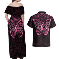 New Zealand Breast Cancer Awareness Couples Matching Off Shoulder Maxi Dress and Hawaiian Shirt Maori Butterfly Pink Ribbon Black Version - Polynesian Pride