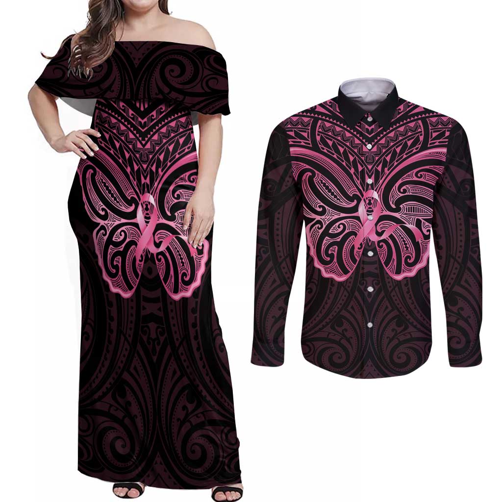 New Zealand Breast Cancer Awareness Couples Matching Off Shoulder Maxi Dress and Long Sleeve Button Shirt Maori Butterfly Pink Ribbon Black Version - Polynesian Pride