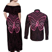 New Zealand Breast Cancer Awareness Couples Matching Off Shoulder Maxi Dress and Long Sleeve Button Shirt Maori Butterfly Pink Ribbon Black Version - Polynesian Pride