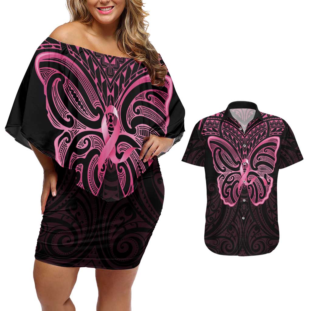 New Zealand Breast Cancer Awareness Couples Matching Off Shoulder Short Dress and Hawaiian Shirt Maori Butterfly Pink Ribbon Black Version - Polynesian Pride