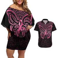 New Zealand Breast Cancer Awareness Couples Matching Off Shoulder Short Dress and Hawaiian Shirt Maori Butterfly Pink Ribbon Black Version - Polynesian Pride