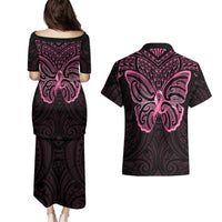 New Zealand Breast Cancer Awareness Couples Matching Puletasi and Hawaiian Shirt Maori Butterfly Pink Ribbon Black Version - Polynesian Pride