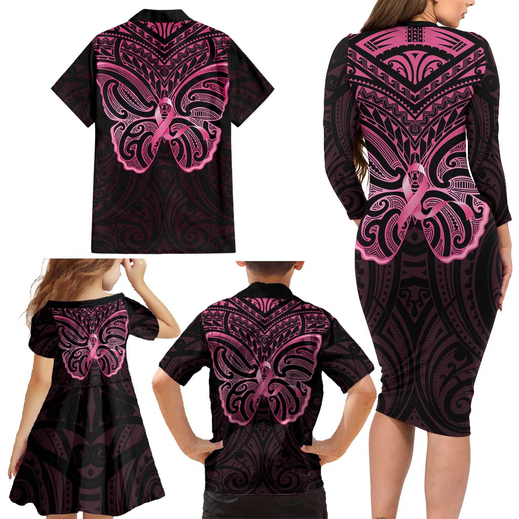 New Zealand Breast Cancer Awareness Family Matching Long Sleeve Bodycon Dress and Hawaiian Shirt Maori Butterfly Pink Ribbon Black Version - Polynesian Pride
