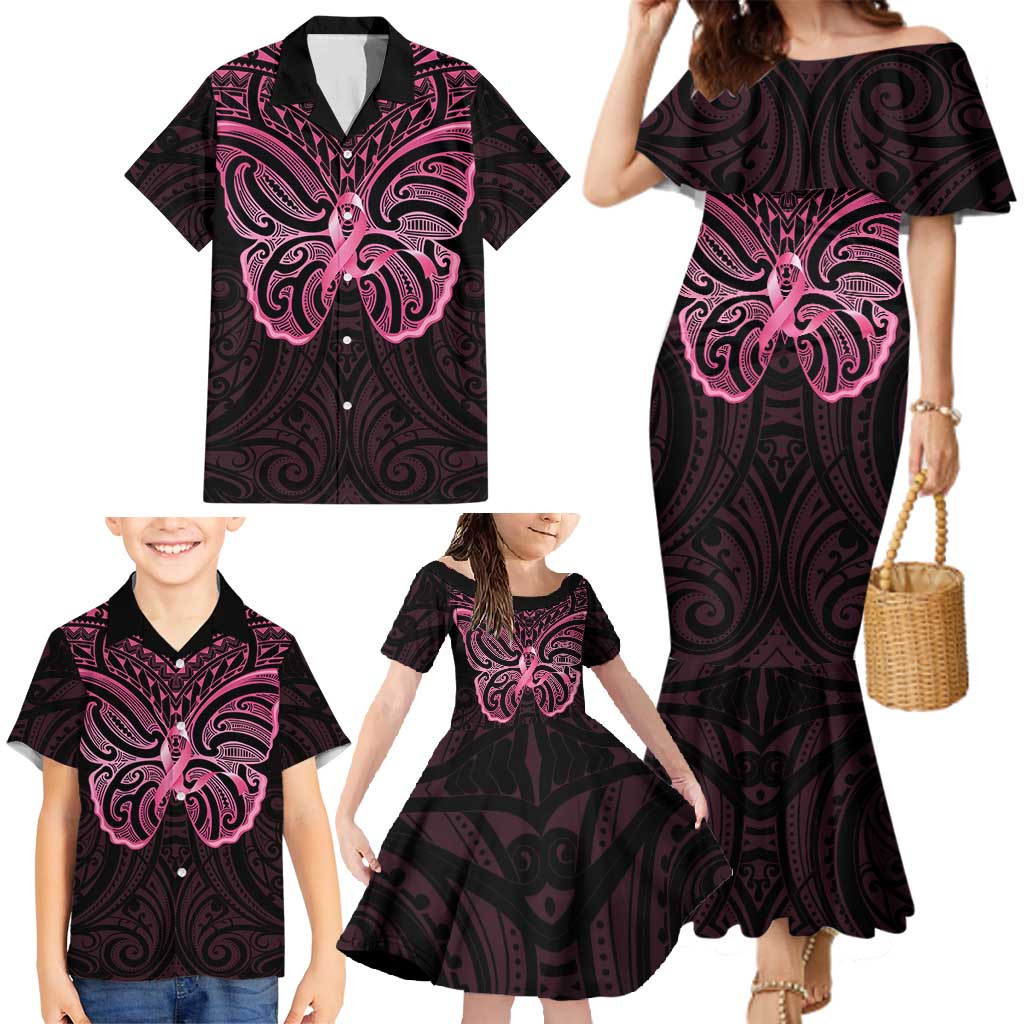 New Zealand Breast Cancer Awareness Family Matching Mermaid Dress and Hawaiian Shirt Maori Butterfly Pink Ribbon Black Version - Polynesian Pride