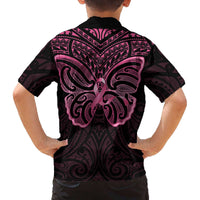 New Zealand Breast Cancer Awareness Family Matching Off The Shoulder Long Sleeve Dress and Hawaiian Shirt Maori Butterfly Pink Ribbon Black Version - Polynesian Pride