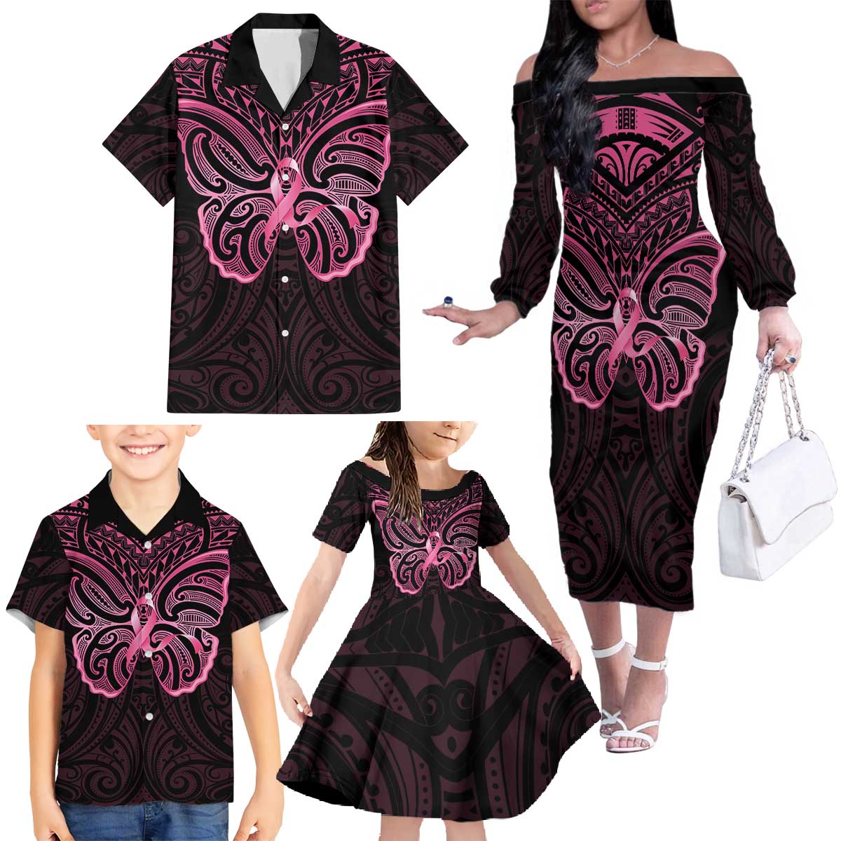 New Zealand Breast Cancer Awareness Family Matching Off The Shoulder Long Sleeve Dress and Hawaiian Shirt Maori Butterfly Pink Ribbon Black Version - Polynesian Pride