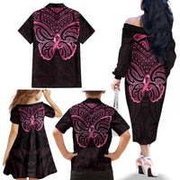New Zealand Breast Cancer Awareness Family Matching Off The Shoulder Long Sleeve Dress and Hawaiian Shirt Maori Butterfly Pink Ribbon Black Version - Polynesian Pride
