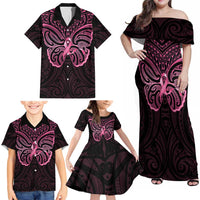 New Zealand Breast Cancer Awareness Family Matching Off Shoulder Maxi Dress and Hawaiian Shirt Maori Butterfly Pink Ribbon Black Version - Polynesian Pride