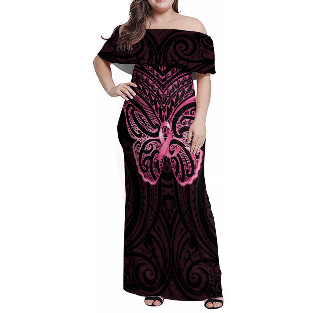 New Zealand Breast Cancer Awareness Family Matching Off Shoulder Maxi Dress and Hawaiian Shirt Maori Butterfly Pink Ribbon Black Version - Polynesian Pride