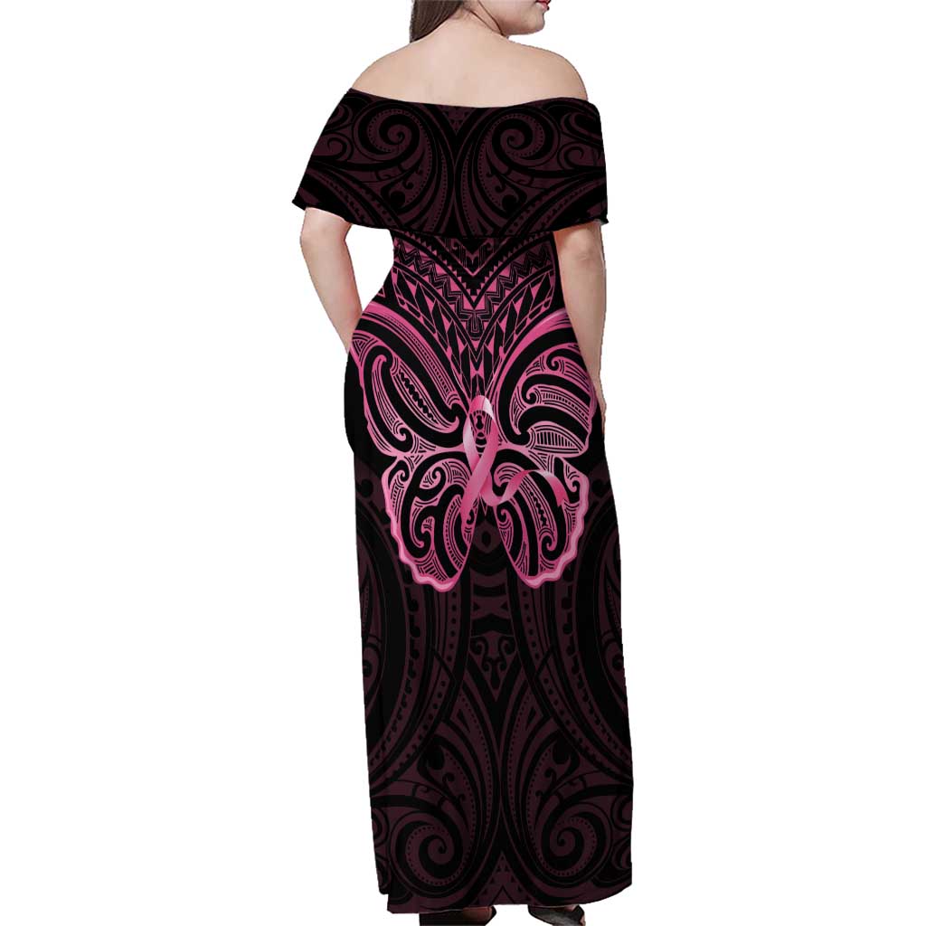 New Zealand Breast Cancer Awareness Family Matching Off Shoulder Maxi Dress and Hawaiian Shirt Maori Butterfly Pink Ribbon Black Version - Polynesian Pride