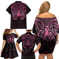 New Zealand Breast Cancer Awareness Family Matching Off Shoulder Short Dress and Hawaiian Shirt Maori Butterfly Pink Ribbon Black Version - Polynesian Pride