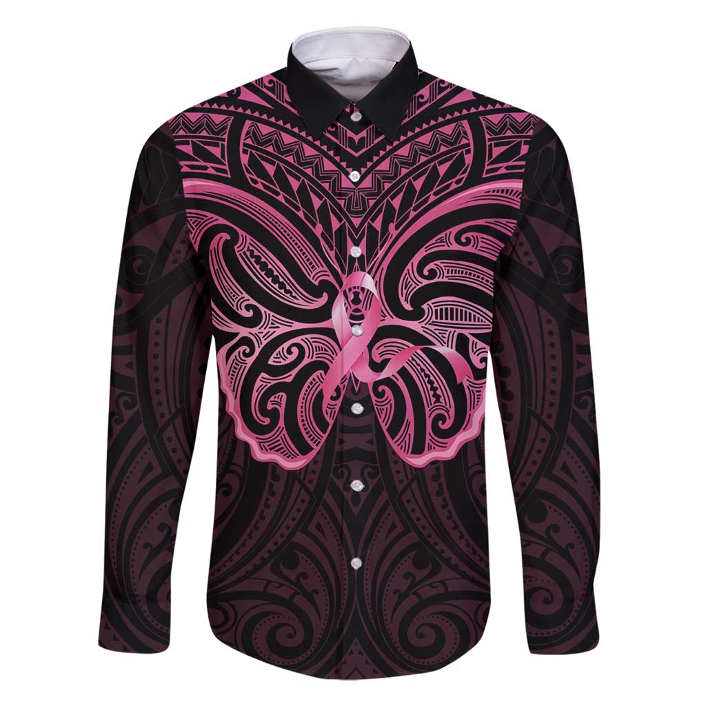 New Zealand Breast Cancer Awareness Family Matching Off Shoulder Short Dress and Hawaiian Shirt Maori Butterfly Pink Ribbon Black Version - Polynesian Pride
