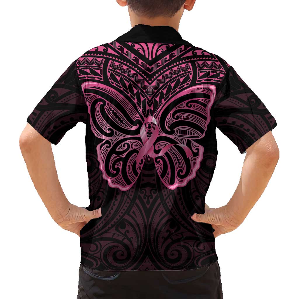 New Zealand Breast Cancer Awareness Family Matching Puletasi and Hawaiian Shirt Maori Butterfly Pink Ribbon Black Version - Polynesian Pride