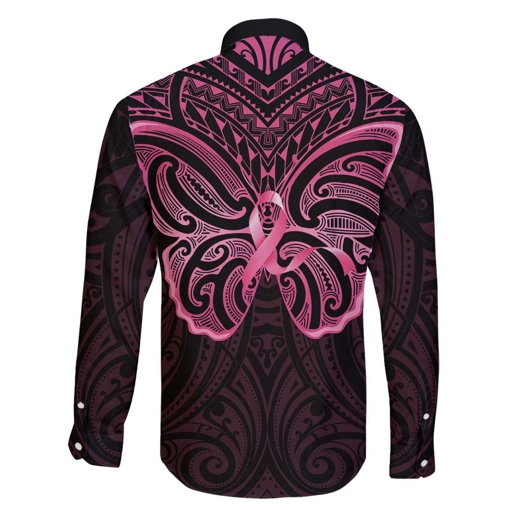 New Zealand Breast Cancer Awareness Family Matching Puletasi and Hawaiian Shirt Maori Butterfly Pink Ribbon Black Version - Polynesian Pride