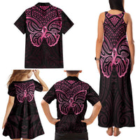 New Zealand Breast Cancer Awareness Family Matching Tank Maxi Dress and Hawaiian Shirt Maori Butterfly Pink Ribbon Black Version - Polynesian Pride