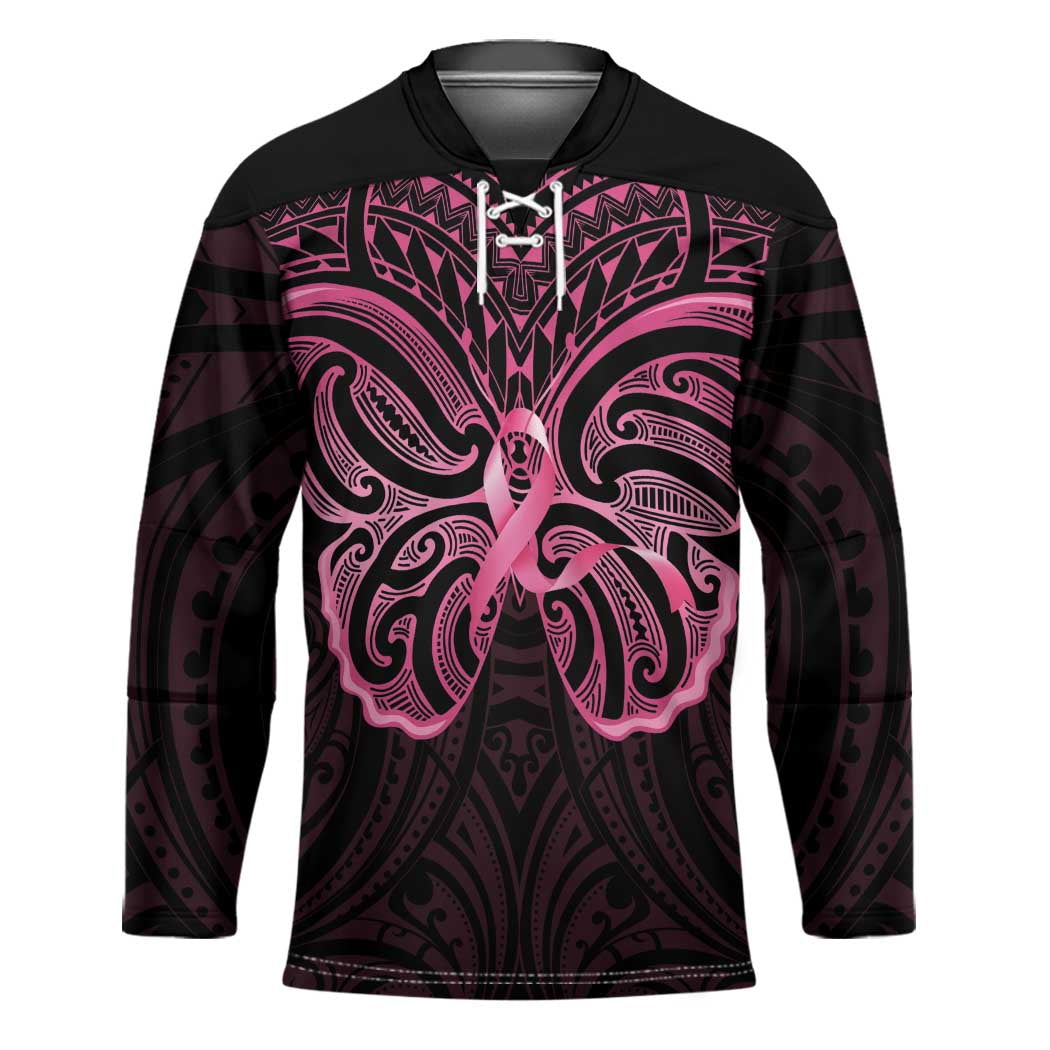 New Zealand Breast Cancer Awareness Hockey Jersey Maori Butterfly Pink Ribbon Black Version - Polynesian Pride