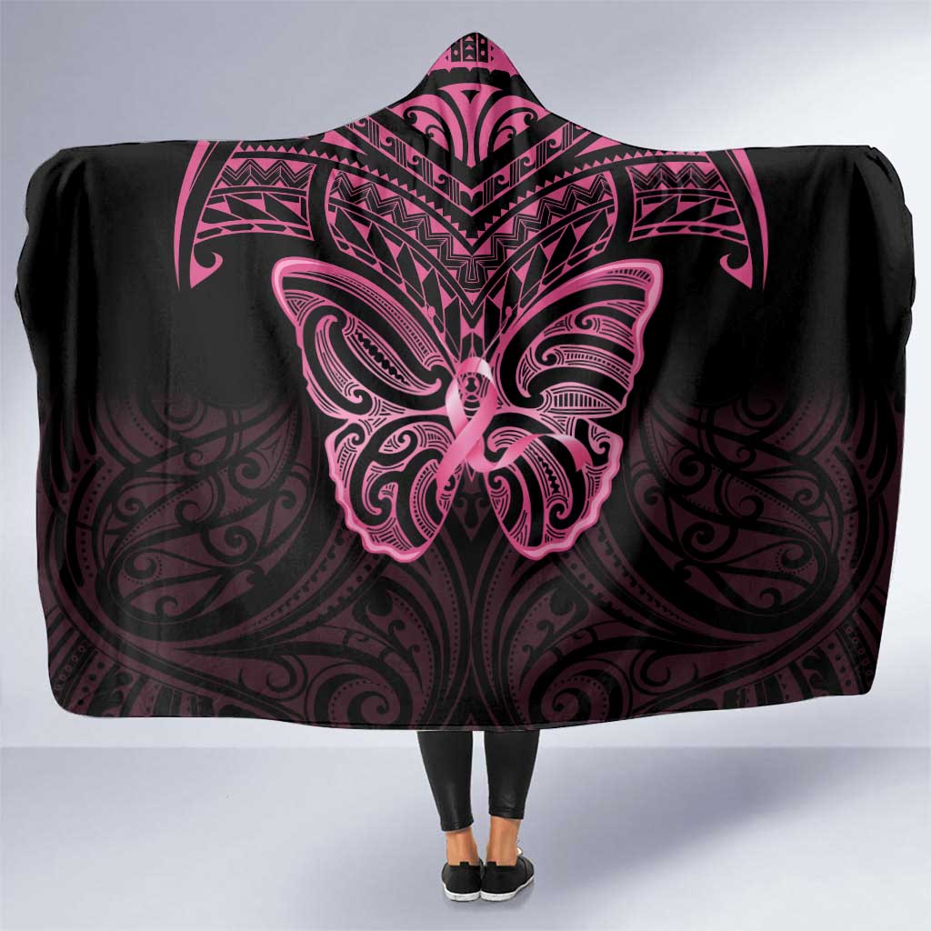 New Zealand Breast Cancer Awareness Hooded Blanket Maori Butterfly Pink Ribbon Black Version - Polynesian Pride