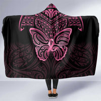 New Zealand Breast Cancer Awareness Hooded Blanket Maori Butterfly Pink Ribbon Black Version - Polynesian Pride