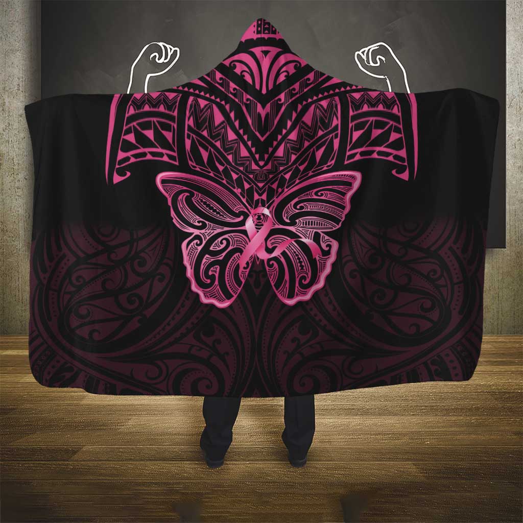 New Zealand Breast Cancer Awareness Hooded Blanket Maori Butterfly Pink Ribbon Black Version - Polynesian Pride