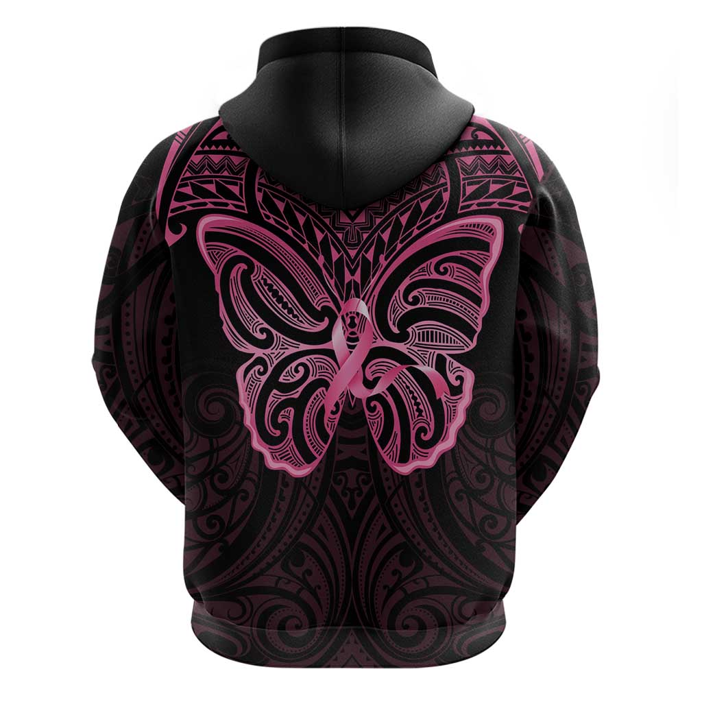 New Zealand Breast Cancer Awareness Hoodie Maori Butterfly Pink Ribbon Black Version - Polynesian Pride