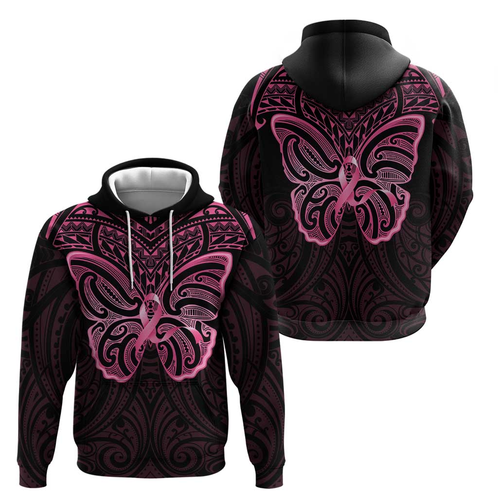 New Zealand Breast Cancer Awareness Hoodie Maori Butterfly Pink Ribbon Black Version - Polynesian Pride