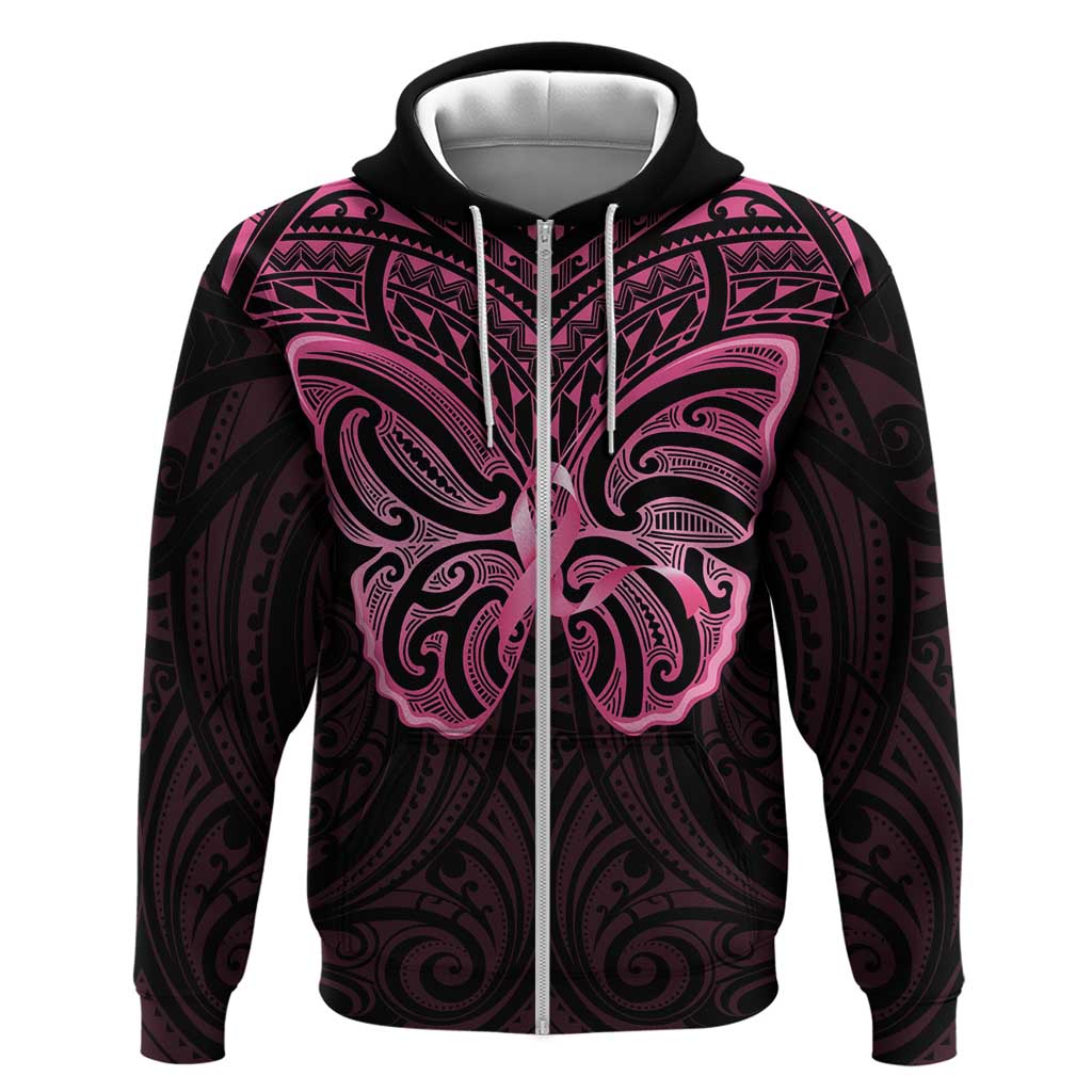 New Zealand Breast Cancer Awareness Hoodie Maori Butterfly Pink Ribbon Black Version - Polynesian Pride