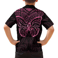 New Zealand Breast Cancer Awareness Kid Hawaiian Shirt Maori Butterfly Pink Ribbon Black Version - Polynesian Pride