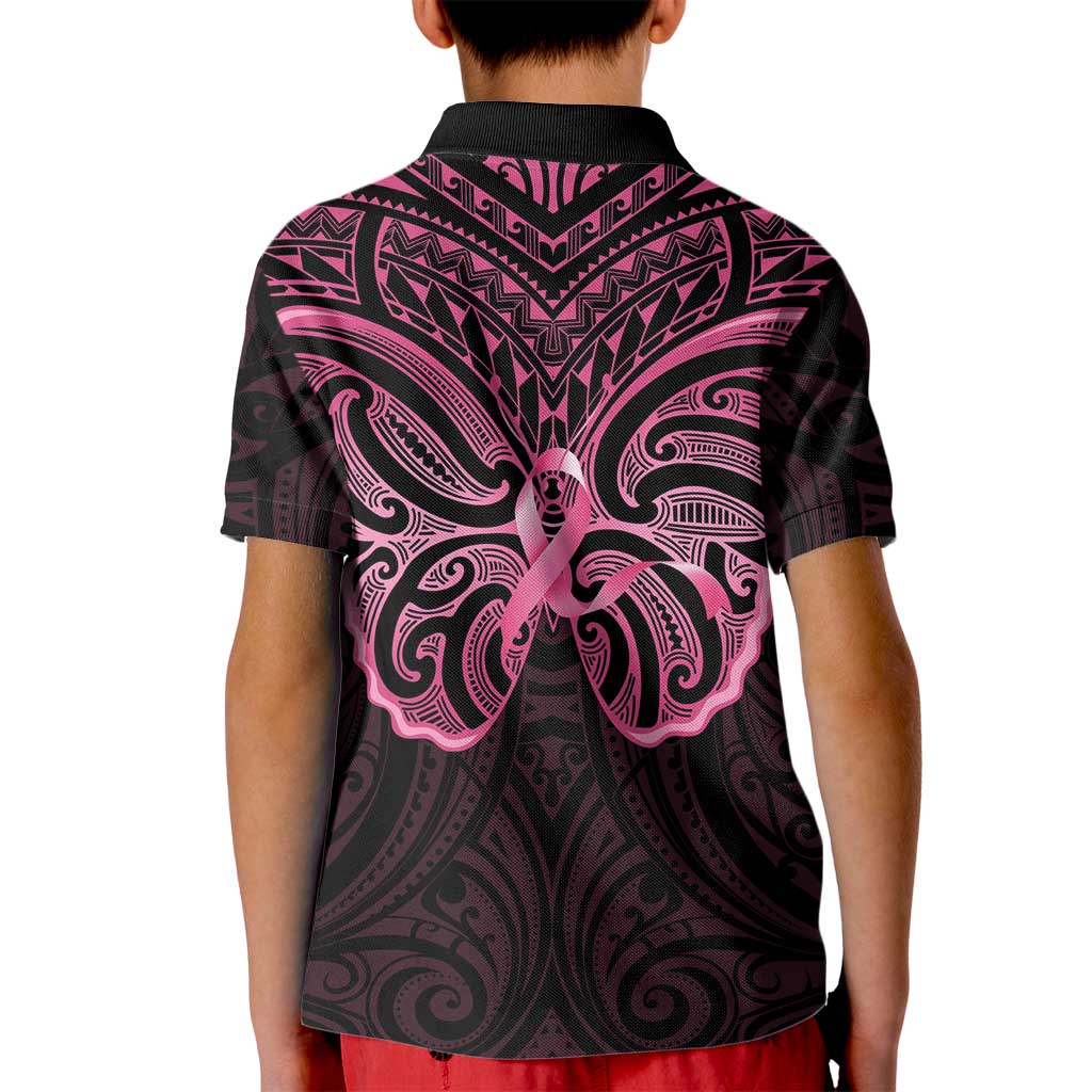 New Zealand Breast Cancer Awareness Kid Polo Shirt Maori Butterfly Pink Ribbon Black Version - Polynesian Pride