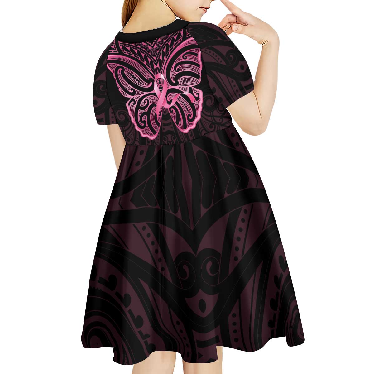 New Zealand Breast Cancer Awareness Kid Short Sleeve Dress Maori Butterfly Pink Ribbon Black Version - Polynesian Pride