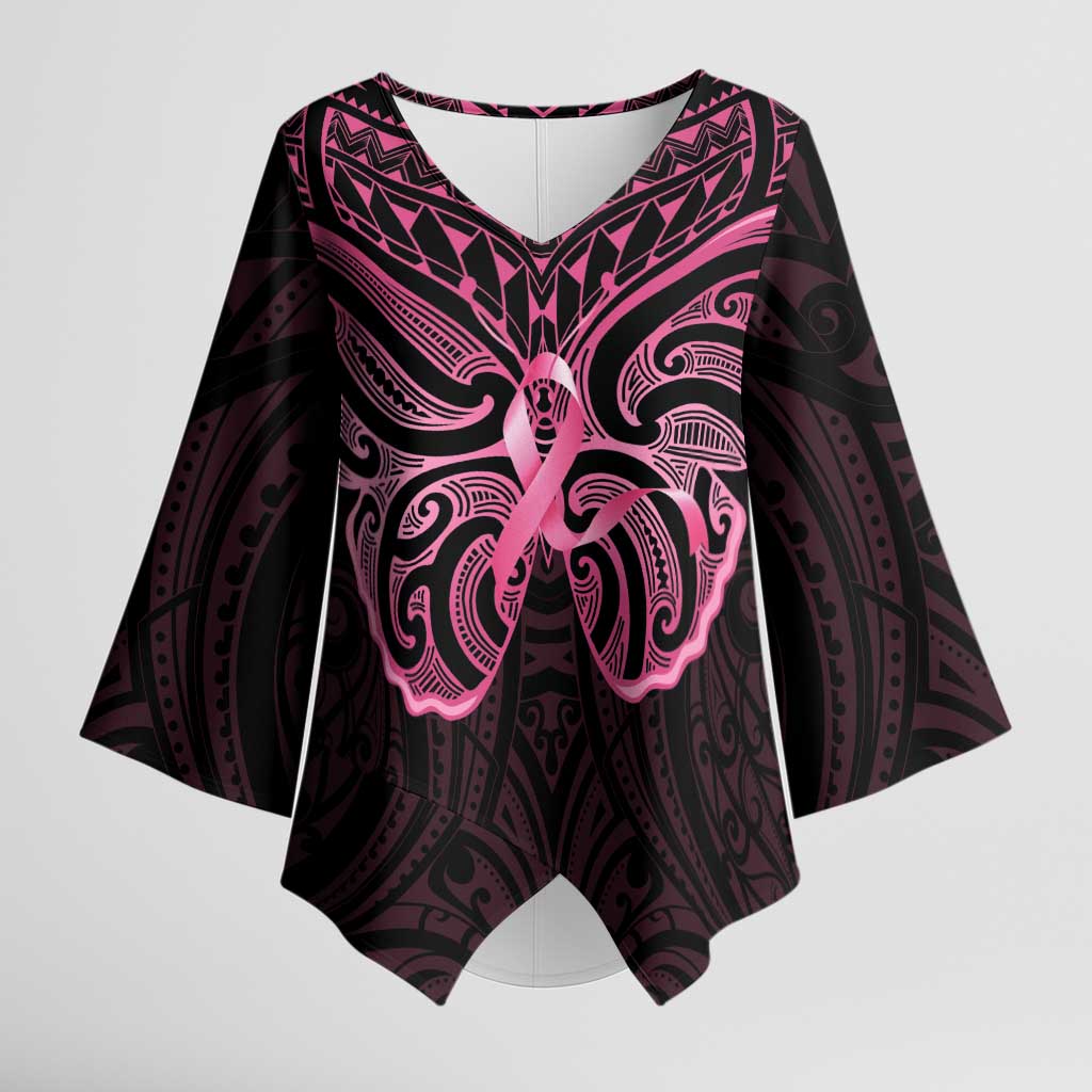 New Zealand Breast Cancer Awareness Kimono Sleeve Blouse Maori Butterfly Pink Ribbon Black Version - Polynesian Pride