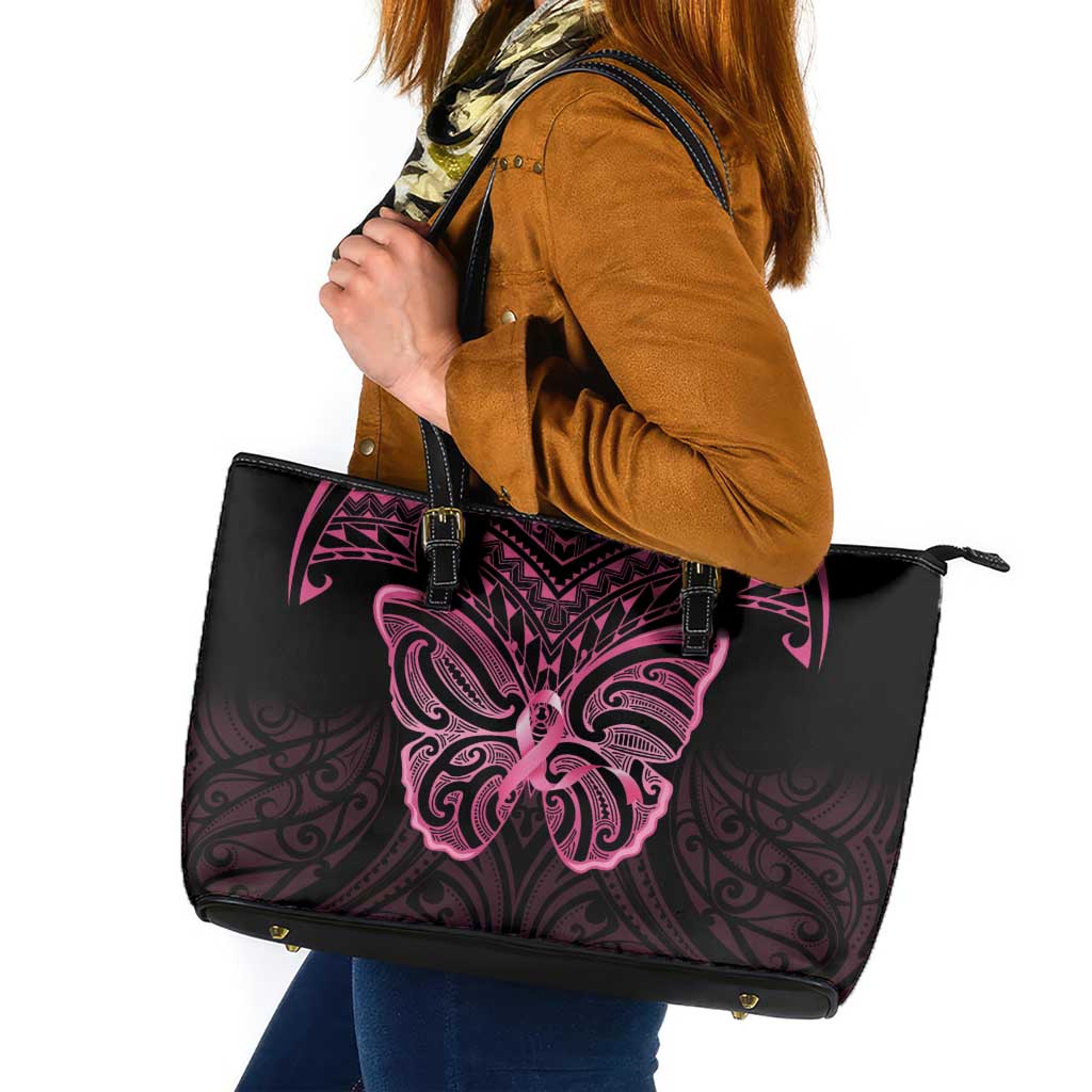 New Zealand Breast Cancer Awareness Leather Tote Bag Maori Butterfly Pink Ribbon Black Version - Polynesian Pride